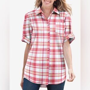Woman Within Rose Pink Plaid shirt 100% cotton 3XL- EUC